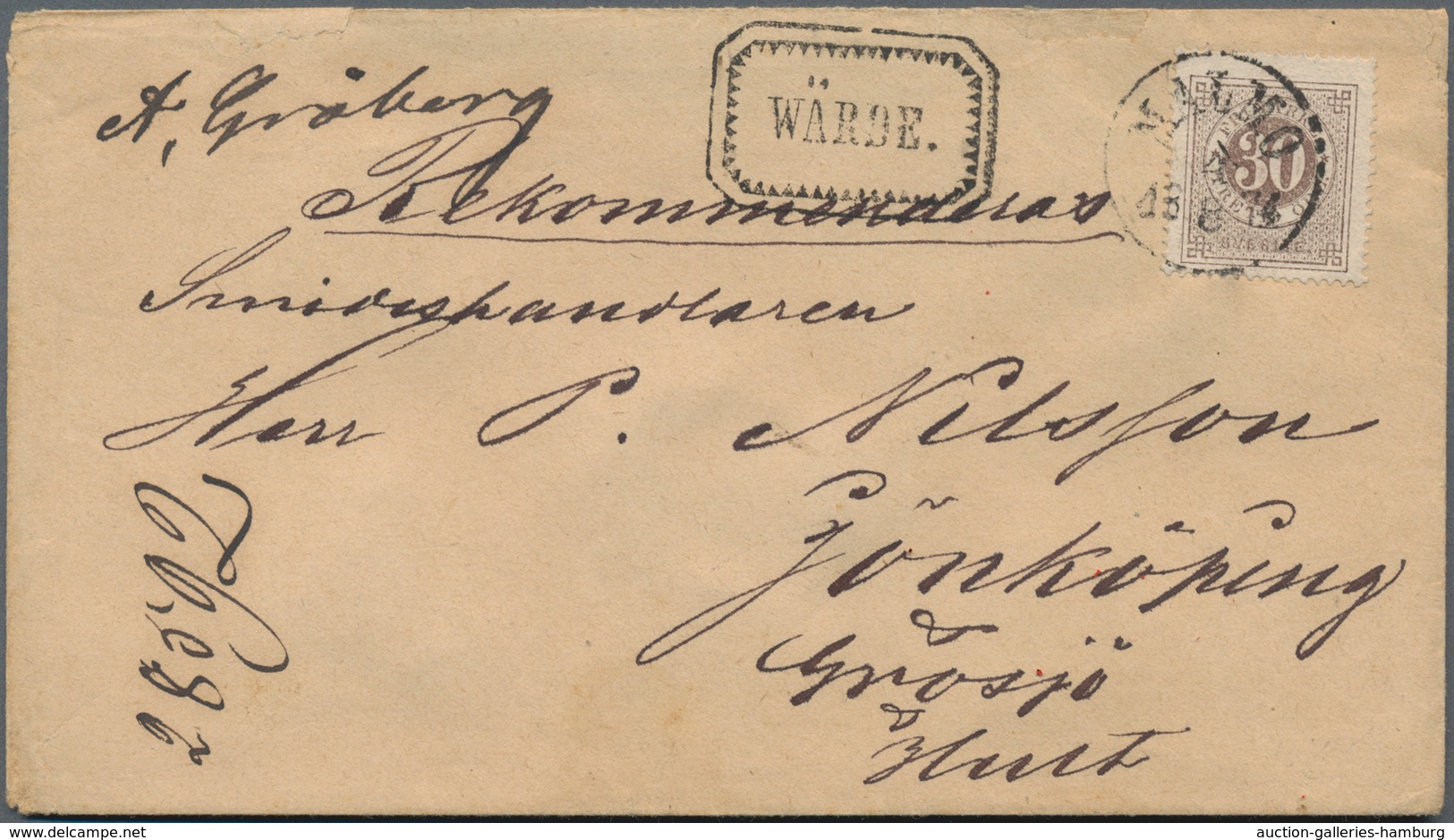 Schweden: 1874 Insured Cover Plus Contents From Malmö Nach Jönköping, Franked 1872 30 øre Brown, Per - Sonstige & Ohne Zuordnung