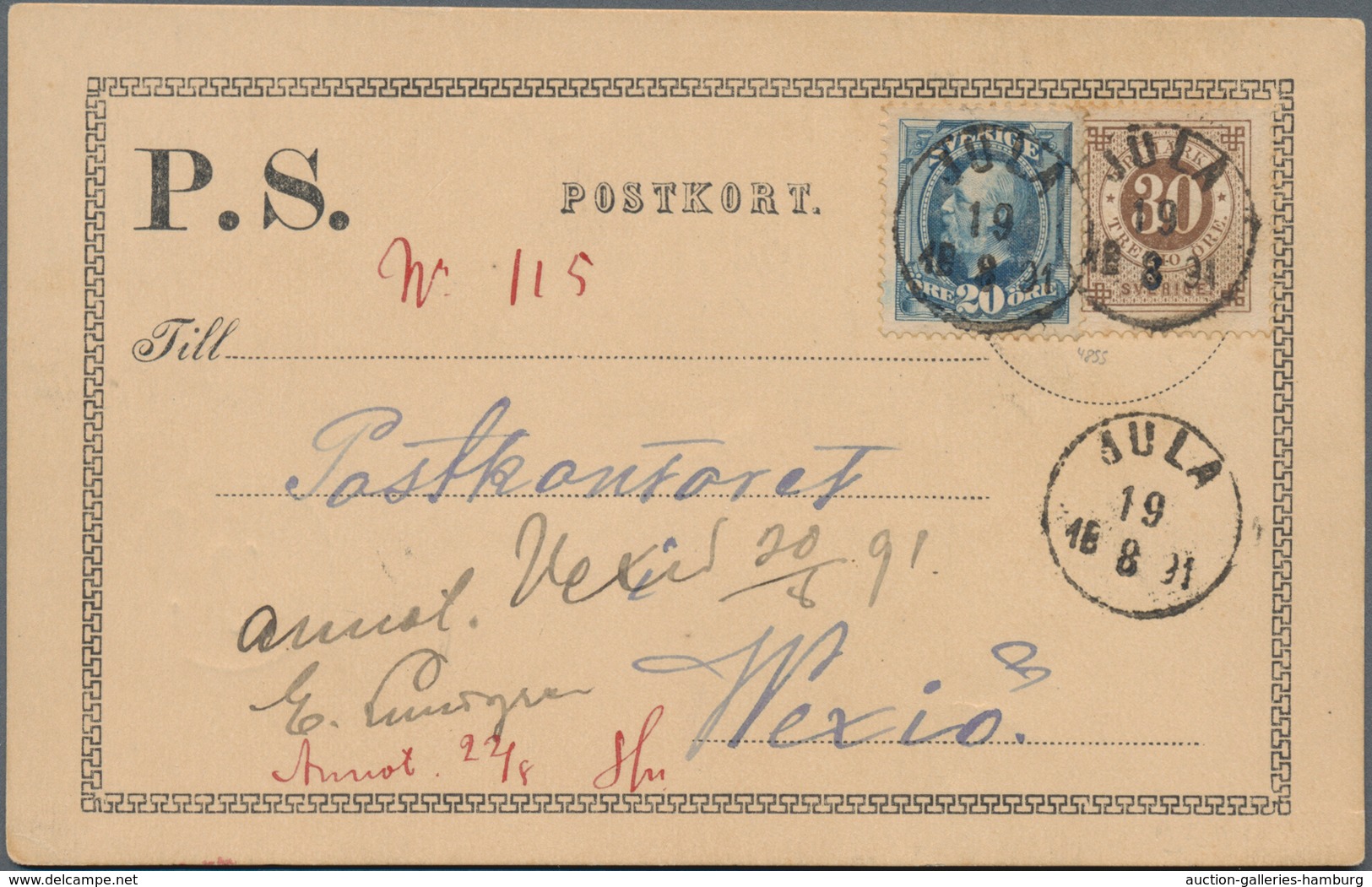 Schweden: 1891 Postcard From Jula To Vexiö Franked By 1886 30 øre Brown And 1891 KOII. 20 øre Ultram - Otros & Sin Clasificación