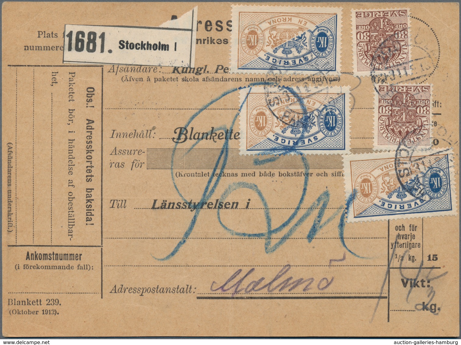 Schweden - Dienstmarken: 1913 Official Parcel Card Used From Stockholm To Malmö And Franked By Offic - Dienstzegels