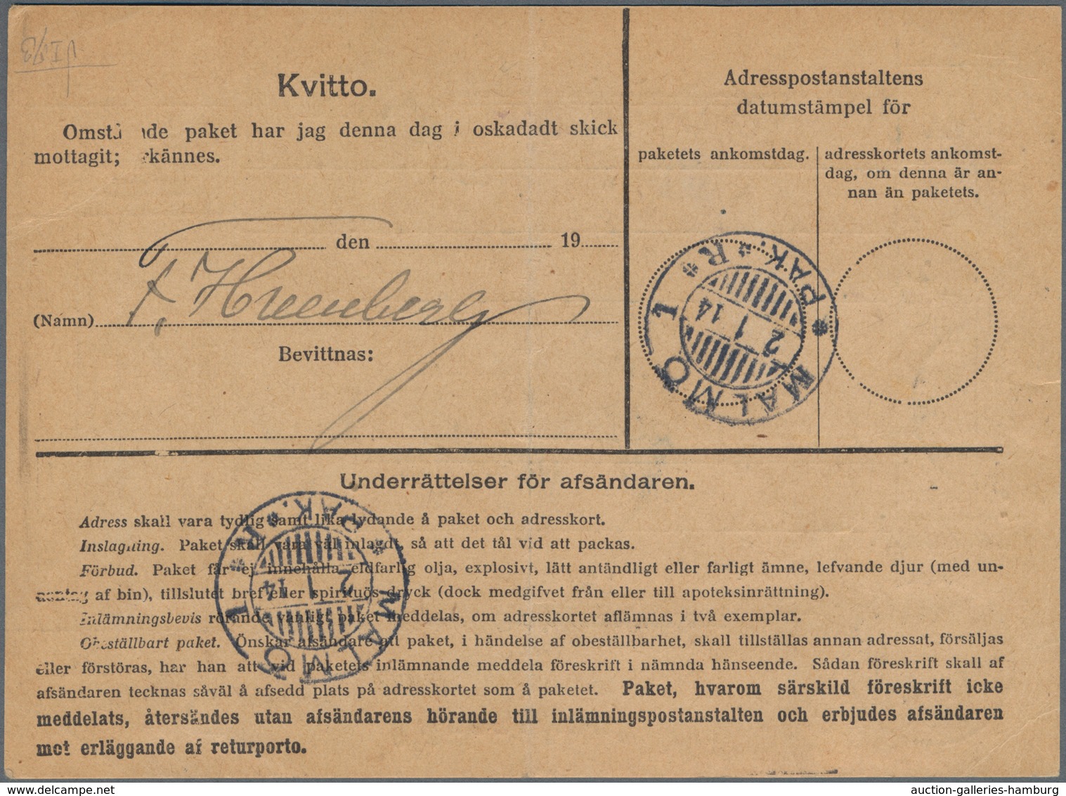 Schweden - Dienstmarken: 1913 Official Parcel Card Used From Stockholm To Malmö And Franked By Offic - Dienstzegels