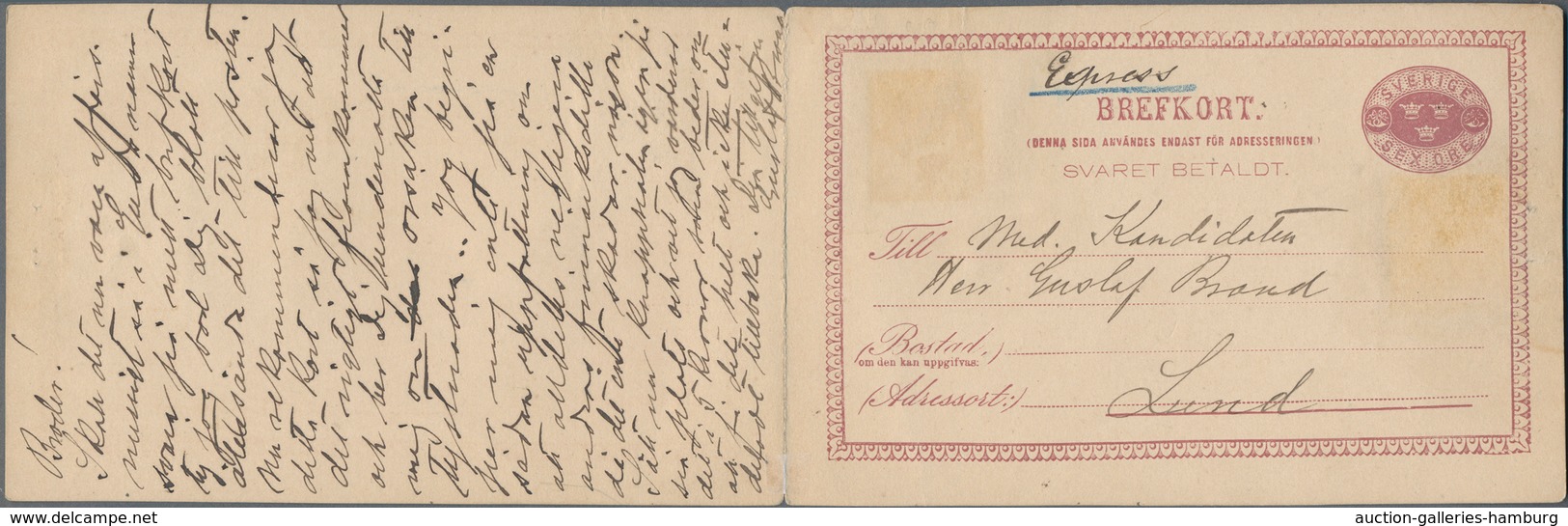 Schweden - Ganzsachen: 1882 Postal Stationery Double Card 6+6 øre Used Registered From Lund To Stock - Enteros Postales