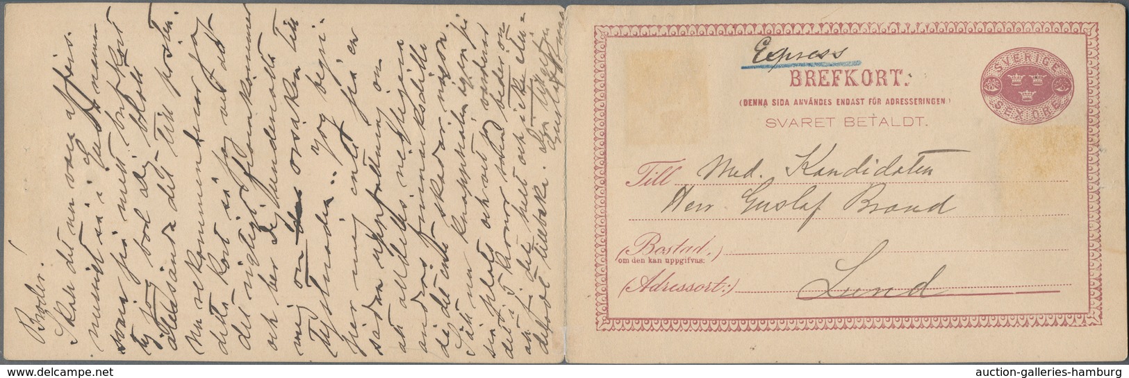 Schweden - Ganzsachen: 1882 Postal Stationery Double Card 6+6 øre Used Registered From Lund To Stock - Entiers Postaux