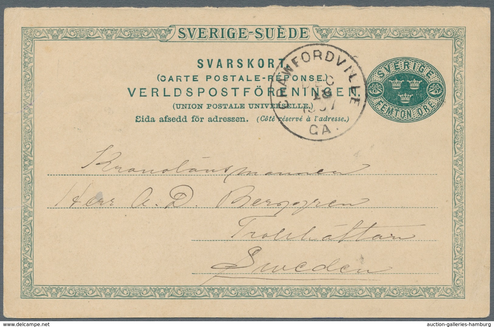 Schweden - Ganzsachen: 1889, "15 Öre Blue-green, Answer Part", Answer Part Used In Extremely Rare Ov - Ganzsachen