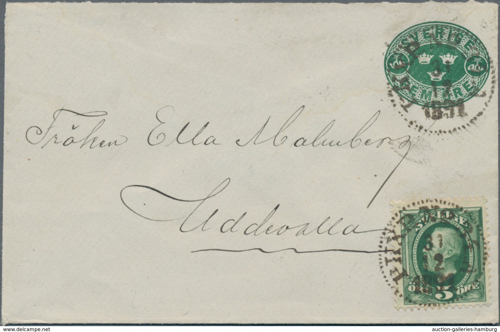 Schweden - Ganzsachen: 1890 Postal Stationery Envelope 5 øre Green, WATERMARK "Lines" FROM LOWER LEF - Enteros Postales