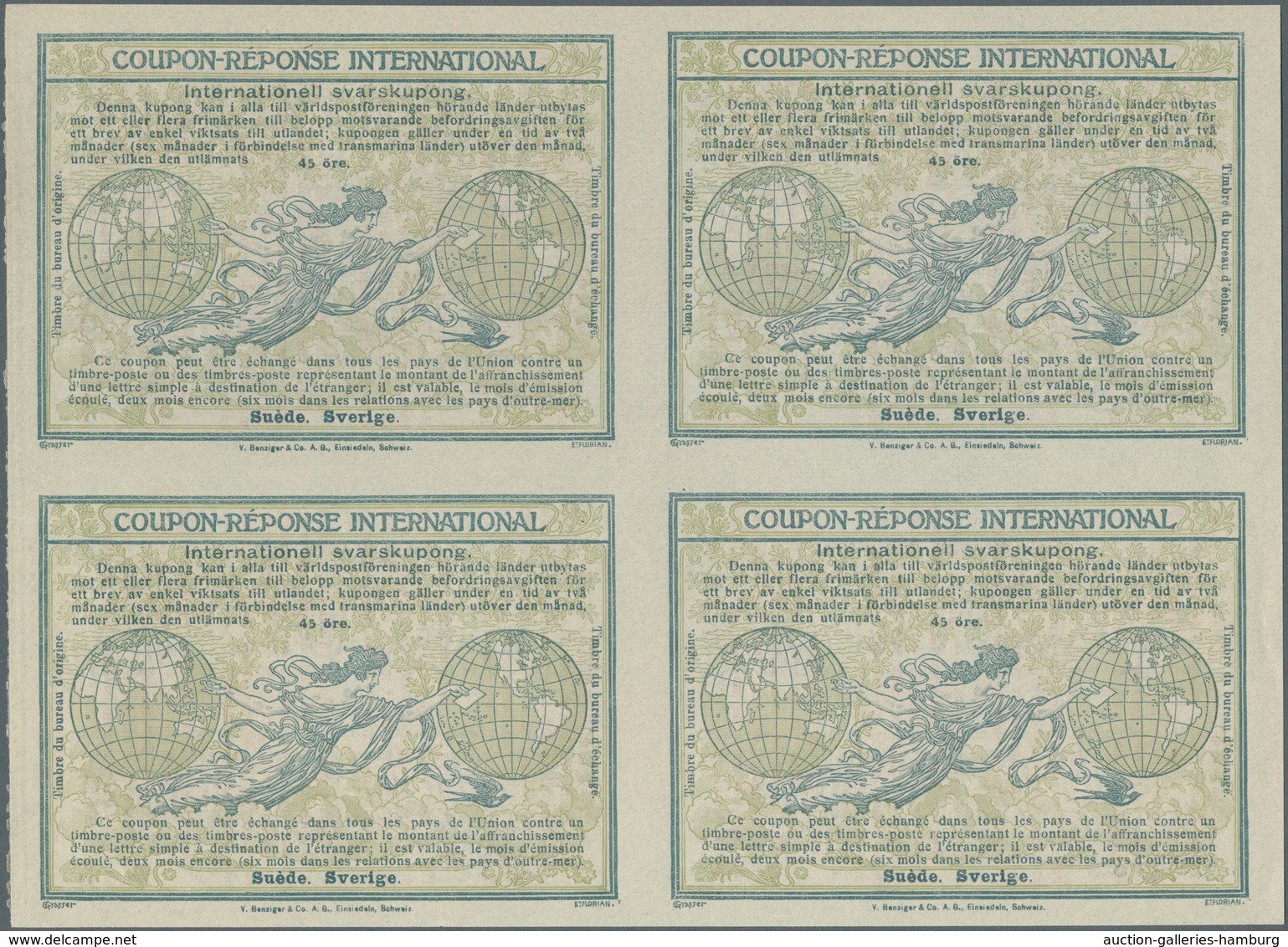 Schweden - Ganzsachen: Design "Madrid" 1920 International Reply Coupon As Block Of Four 45 Öre Sveri - Postwaardestukken