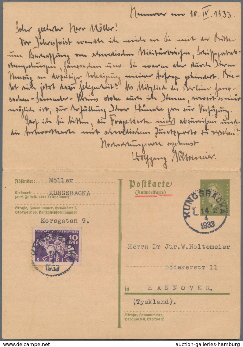 Schweden - Besonderheiten: 1933, Postal Stationery Double-card From Hannover/Germany To KUNGSBACKEN, - Sonstige & Ohne Zuordnung