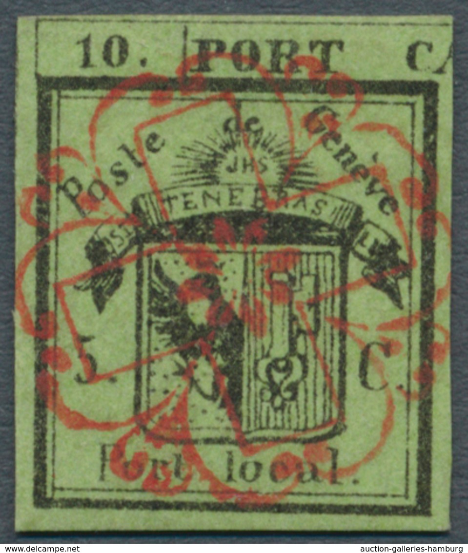 Schweiz - Genf: 1843 Linke Hälfte Der Doppelgenf, 5 C. Schwarz Auf Gelbgrün, Entwertet Mit Voll Aufg - 1843-1852 Timbres Cantonaux Et  Fédéraux