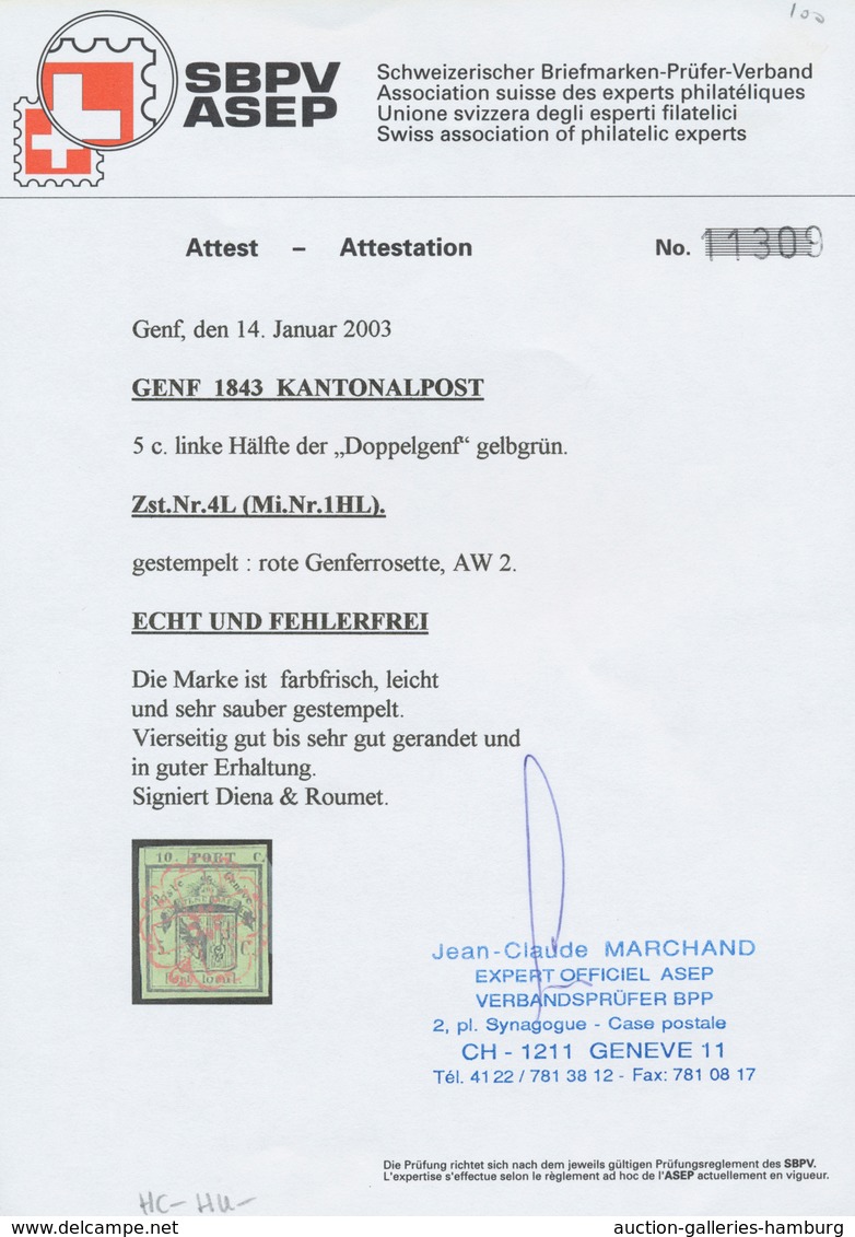 Schweiz - Genf: 1843 Linke Hälfte Der Doppelgenf, 5 C. Schwarz Auf Gelbgrün, Entwertet Mit Voll Aufg - 1843-1852 Federale & Kantonnale Postzegels