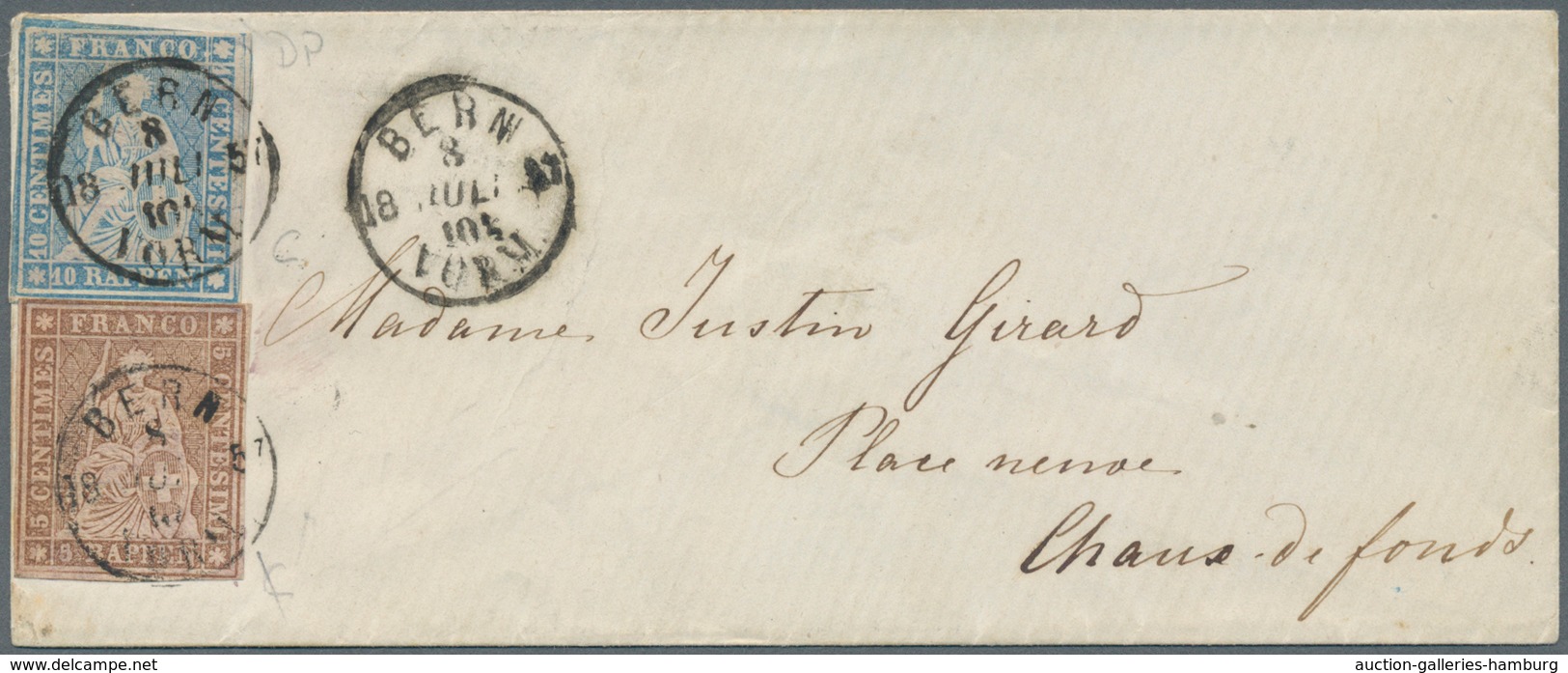 Schweiz: 1854, 10 Rappen Blau Mit PLATTENFEHLER III Und 5 Rappen Braun Auf Kleinem Damen-Brief Mit K - Usados