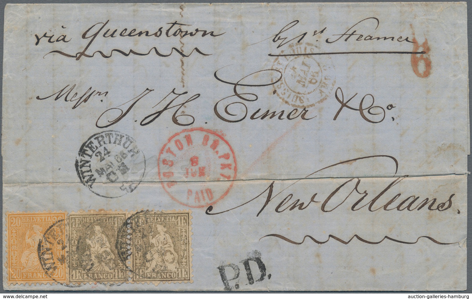 Schweiz: 1866, Brief Von "WINTERTHUR 24. MAI 66" Via Queentown Und BOSTEN BR. 8 JUN PAID" Nach New O - Gebraucht