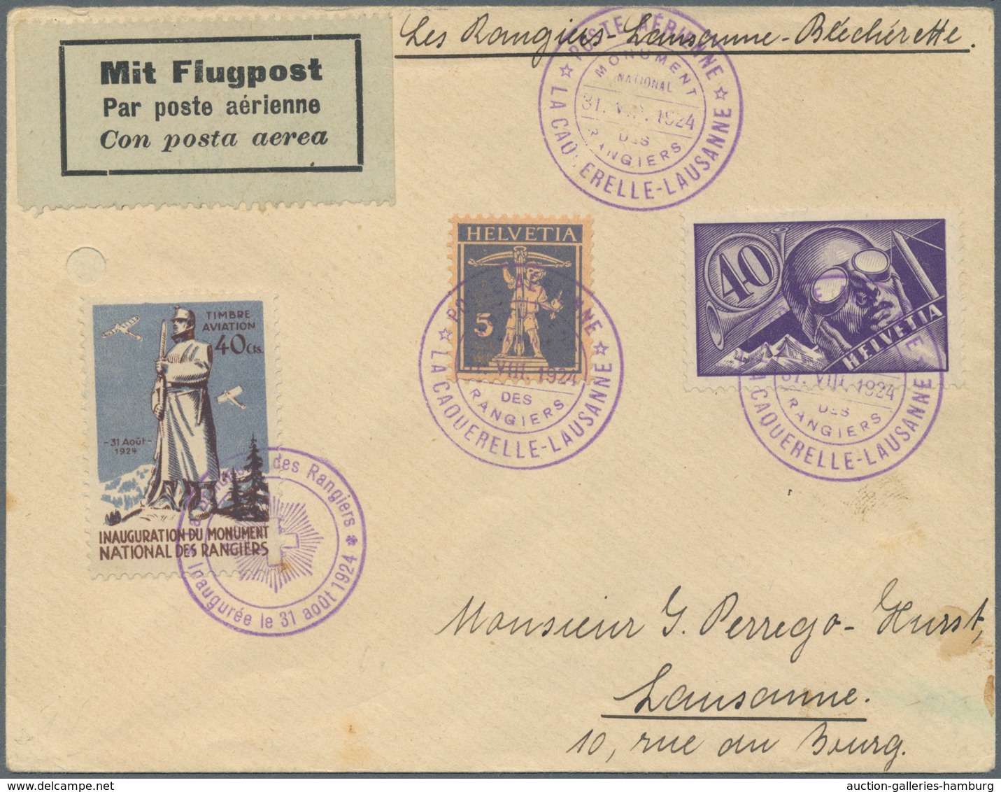 Schweiz: 1924, 40 C Flugpostmarke In MiF Mit 5 C Tell Und 40 Cts. SOLDATENMARKE Auf Flugpostbrief La - Gebraucht