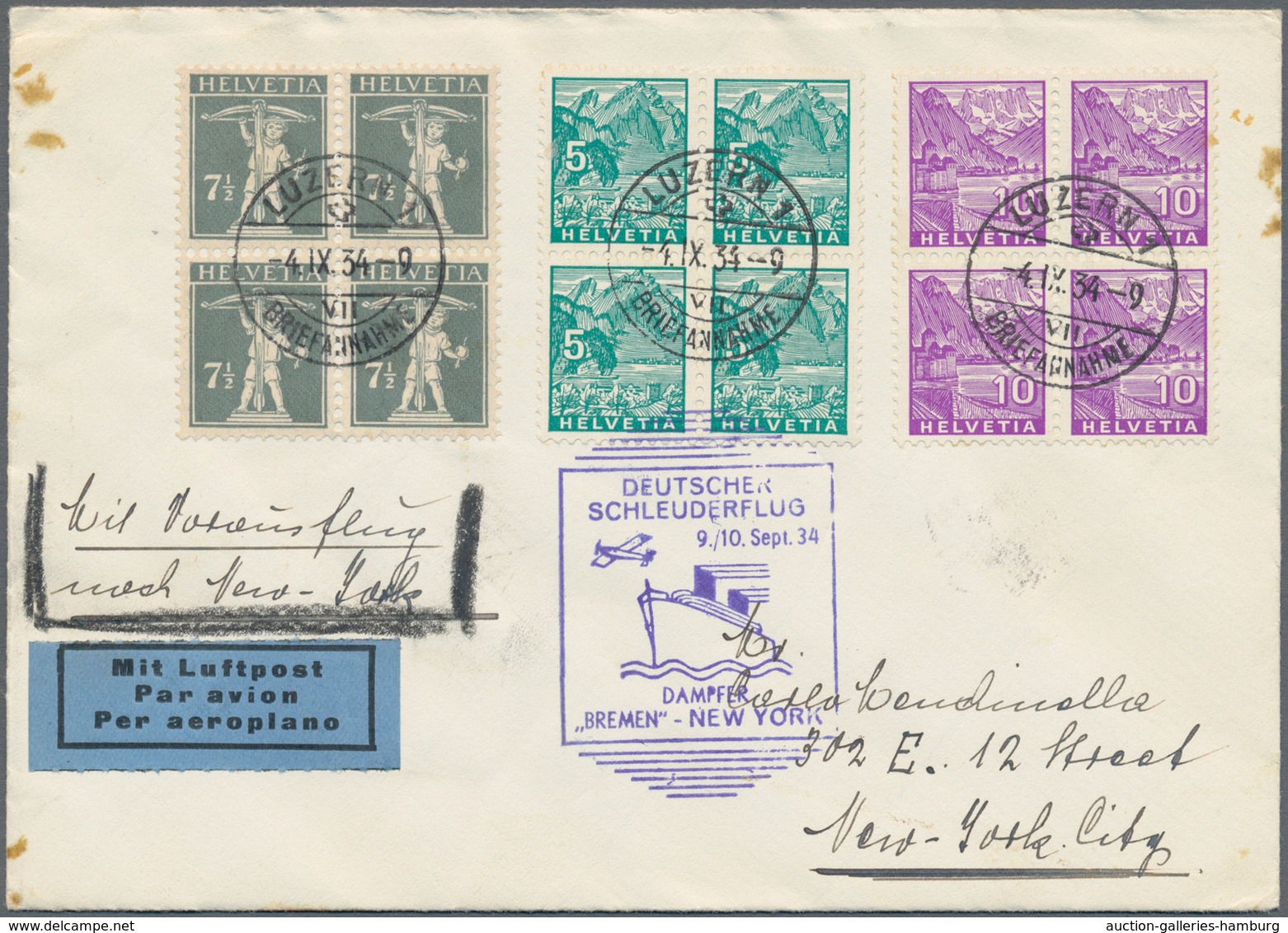 Schweiz: 1934, Brief Ab LUZERN, Frankiert Mit Drei Zentrisch Gestempelten Viererblocks Mit Blauem Be - Used Stamps