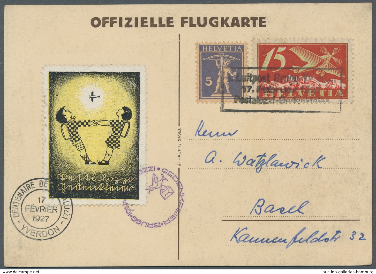 Schweiz: 1927, Pestalozzi-Gedenkflug Brugg-Yverdon, Offizielle Flugkarte Mit Farbiger Vignette Und F - Usados