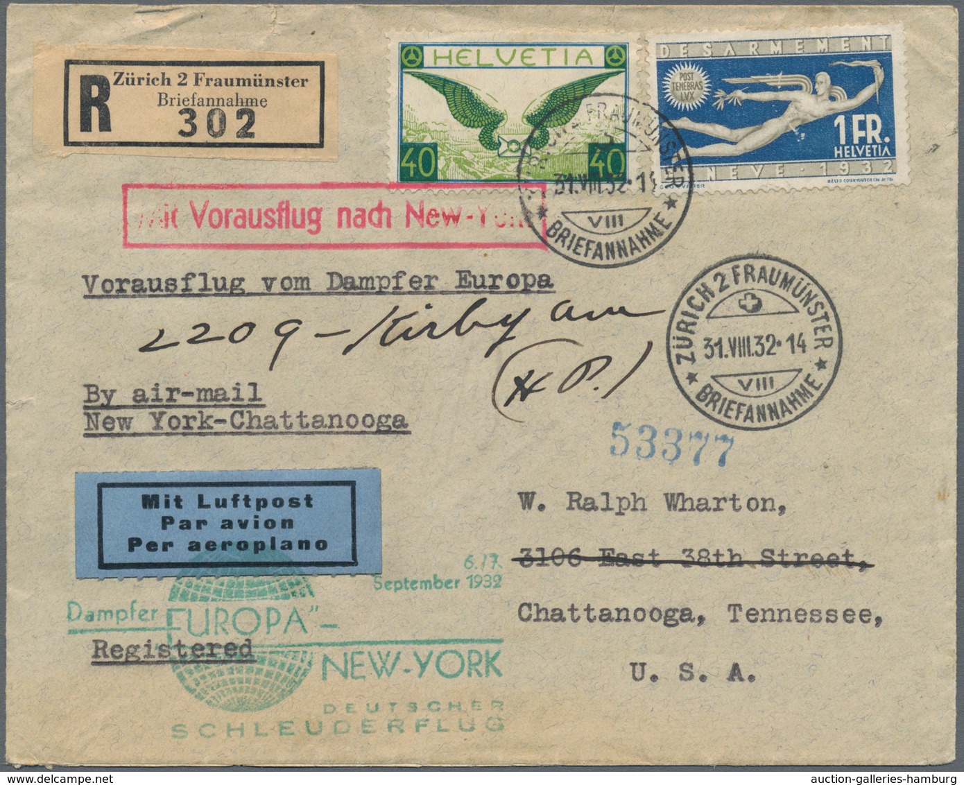 Schweiz: 1932, Einschereiben Ab ZÜRICH 31.VIII 32 Zum Vorausflug Nach New York Mit Grünem Bestätigun - Usados