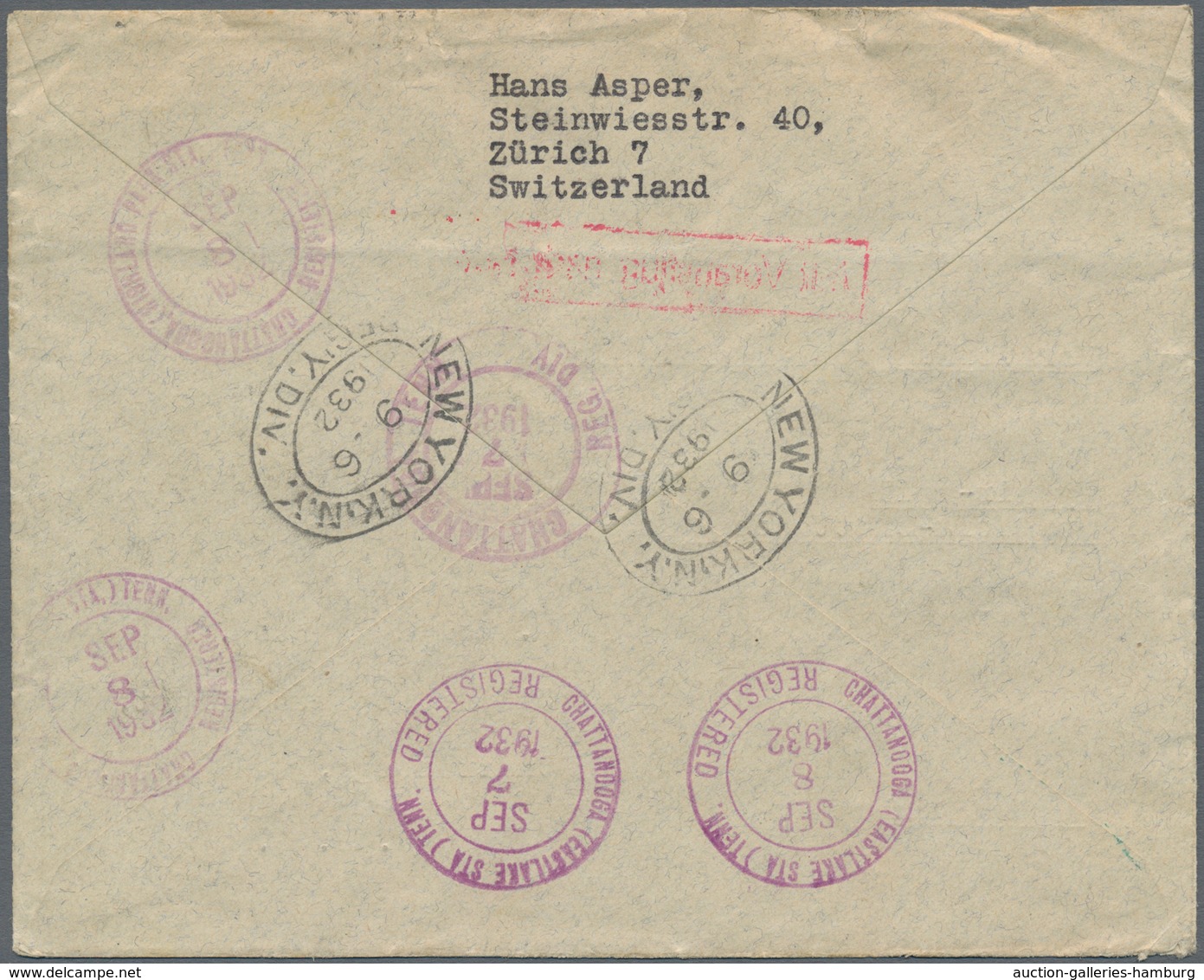 Schweiz: 1932, Einschereiben Ab ZÜRICH 31.VIII 32 Zum Vorausflug Nach New York Mit Grünem Bestätigun - Gebraucht