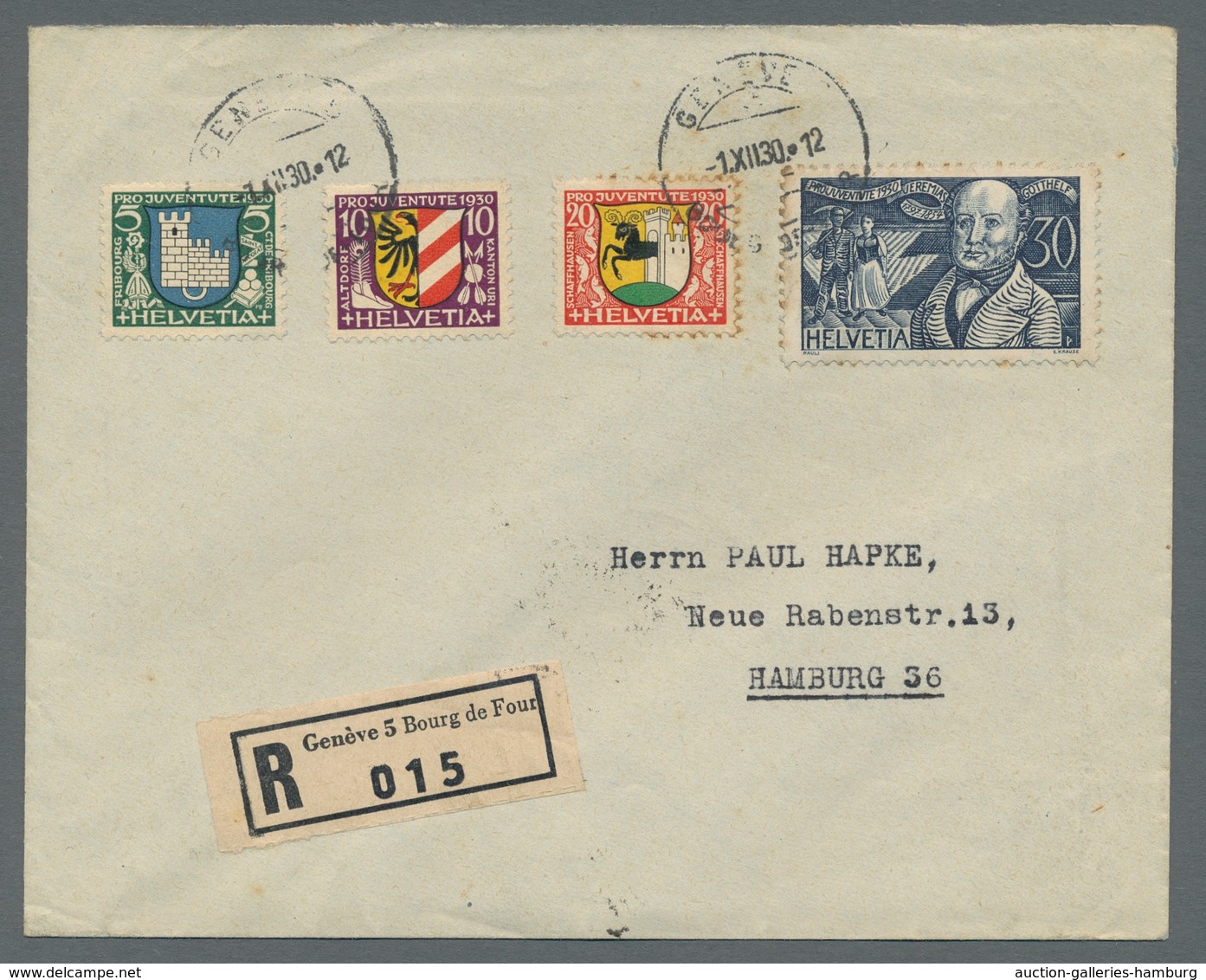 Schweiz: 1930, Pro Juventute FDC Auf R-Brief Von Genf Nach Hamburg Mit Ankunftstempel, Leichte Stock - Gebraucht