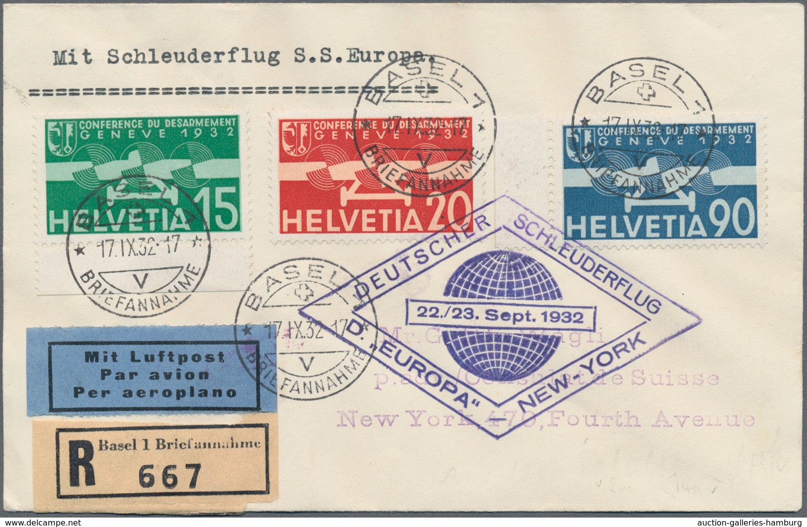 Schweiz: 1932, Kataultpost, Vertragsstaaten: Einschreiben Ab BASEL 1 Mit Blauem Bestätigungsstempel - Gebraucht