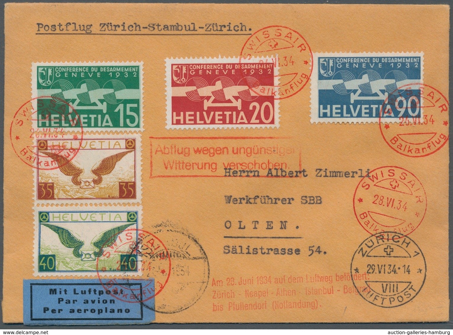 Schweiz: 1934, Balkanflug, Etappe Zürich-Istanbul, Brief Mit Mischfrankatur Und Flug-Sonderstempeln, - Gebraucht