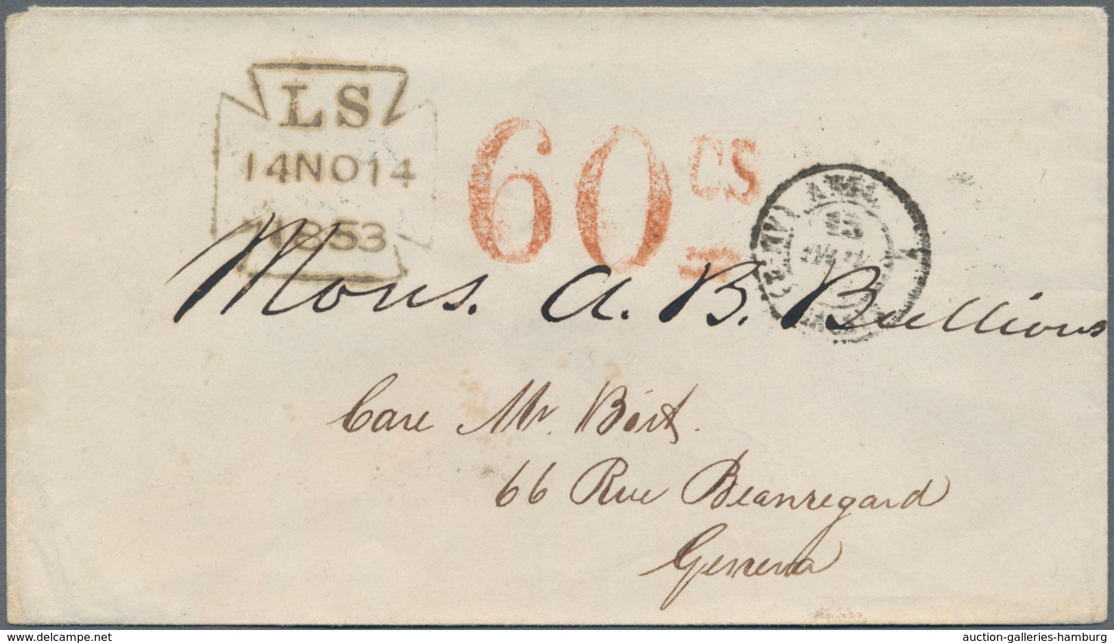 Schweiz - Stempel: 1853, Kleiner Umschlag Von London "LS 14 NO 14 1853" Nach Genf. Dort Mit Rotem Ta - Marcofilia