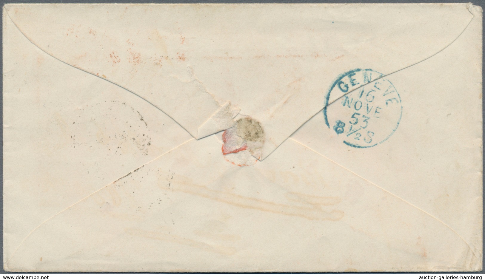 Schweiz - Stempel: 1853, Kleiner Umschlag Von London "LS 14 NO 14 1853" Nach Genf. Dort Mit Rotem Ta - Marcofilia