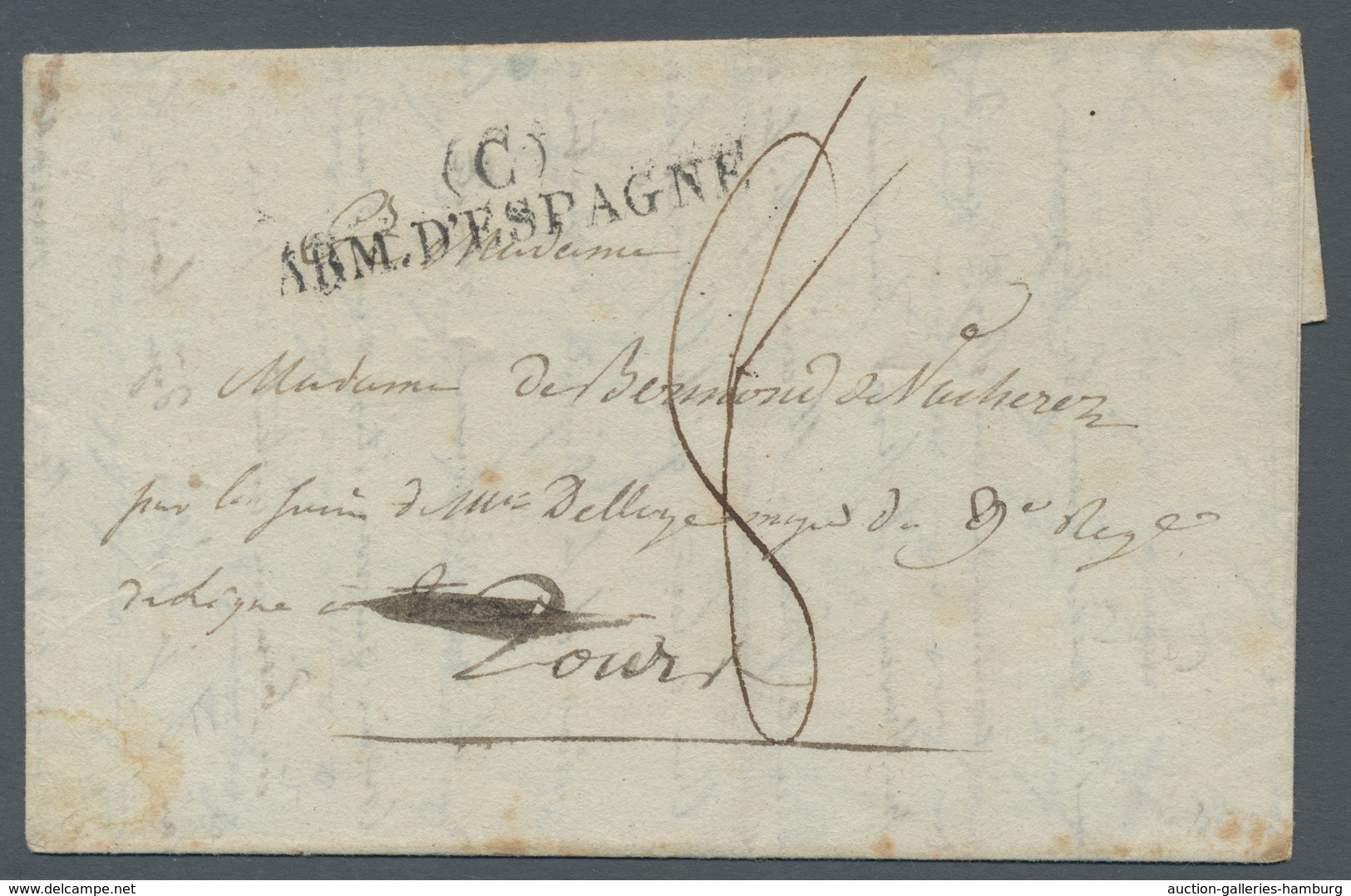 Spanien - Vorphilatelie: 1823, Folded Fieldpost Cover With L2 (C) / ARM D'ESPANGE And Taxe "8" To Fr - ...-1850 Préphilatélie