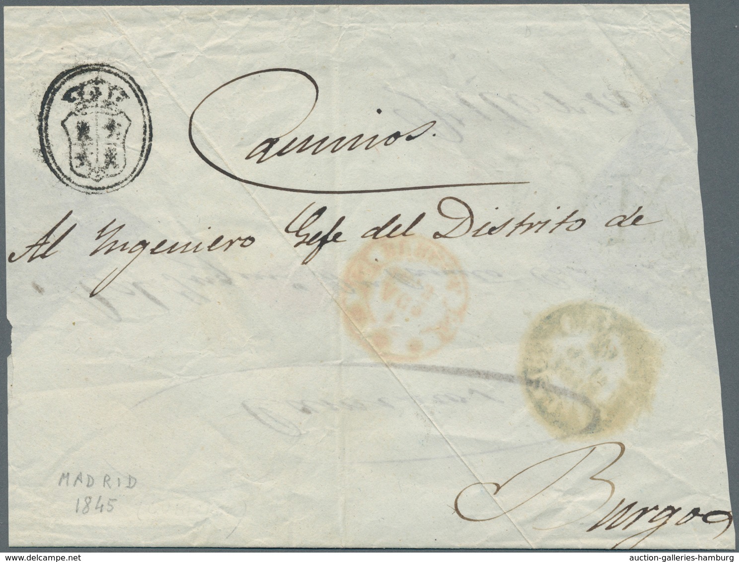 Spanien - Vorphilatelie: 1845, Cover From MADRID To Burgos With Coat Of Arms In Black. Stamped With - ...-1850 Prephilately