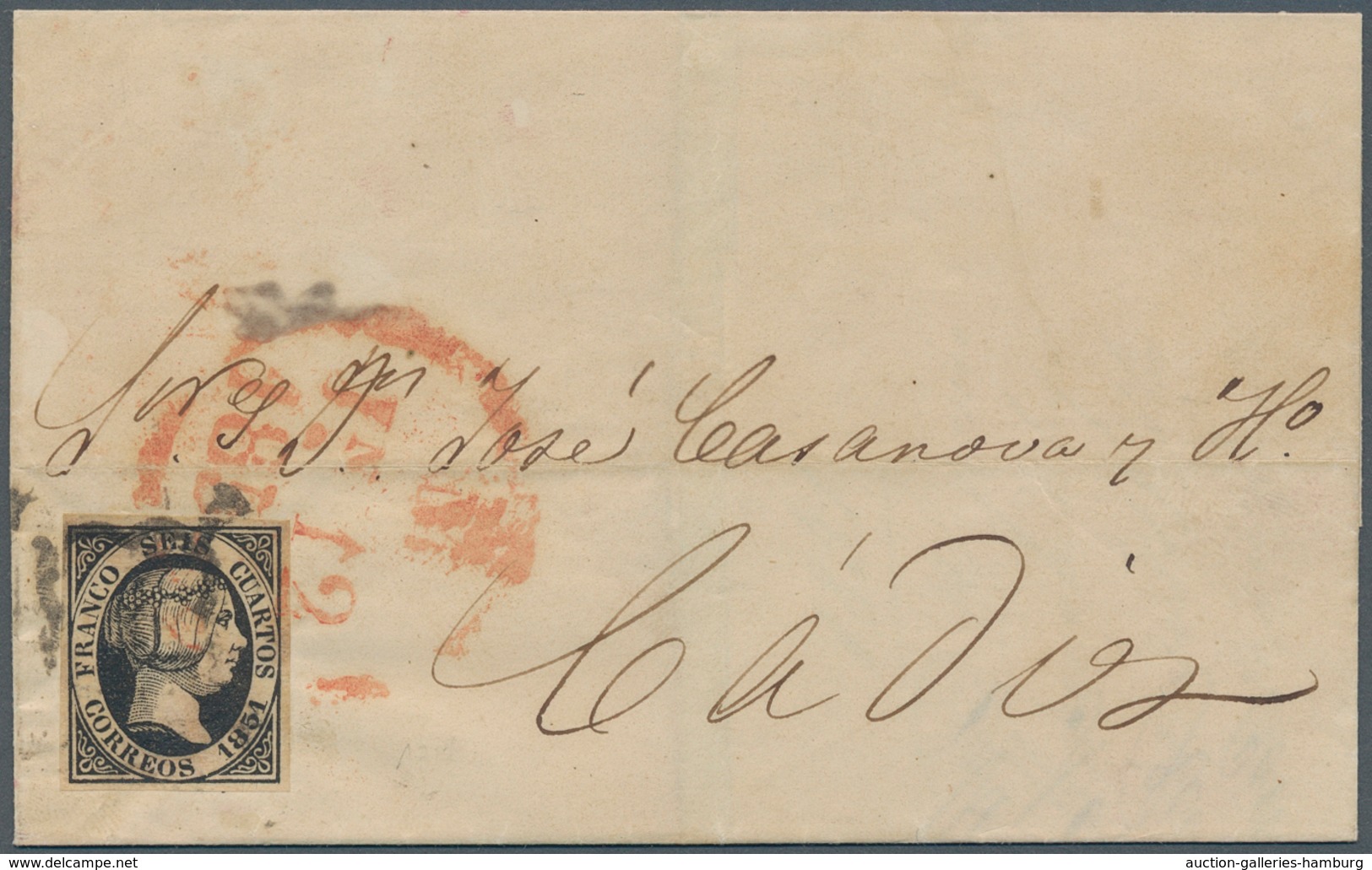 Spanien: 1851, 6 C Black On Folded Letter From Madrid To Cádiz. Clear Postmark And Prephila Red Date - Brieven En Documenten