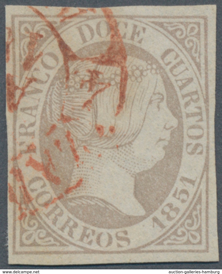 Spanien: 1851, Isabella II 10 Cuartos Oval Issue Grey-lilac Tied By UNIQUE Red Baeza-cds "ZARAGOZA / - Lettres & Documents
