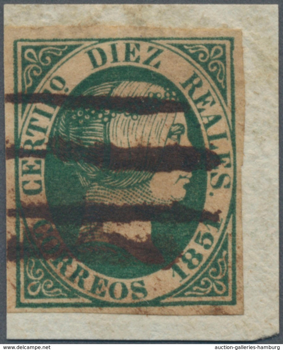 Spanien: 1851, Isabella II 10 Reales Oval Issue Green On Piece Tied By Five Parallel Pen-strokes (ve - Covers & Documents