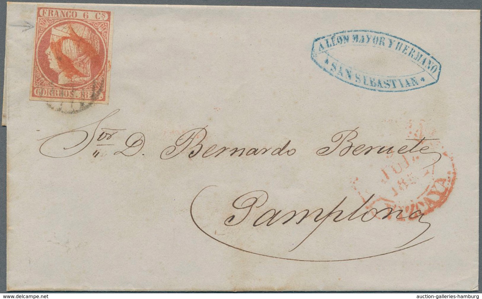 Spanien: 1852, Isabella II With Diadem 6 Cuartos Red Tied By Red Due-cancel "0" And Black "Parrila" - Lettres & Documents