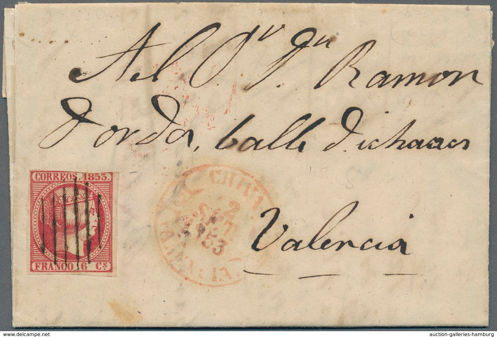 Spanien: 1853, Isabella II With Diadem Looking Righward 6 Cts Carmine Tied By With Parallel "Parilla - Briefe U. Dokumente