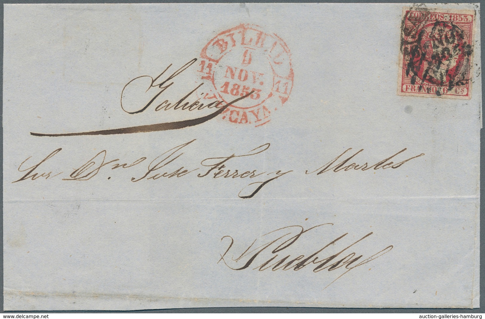 Spanien: 1853, 6 Cs. Pink On A Not Complete Letter From BILBAO To Puebla. Double Cancel Grid- And Ci - Covers & Documents