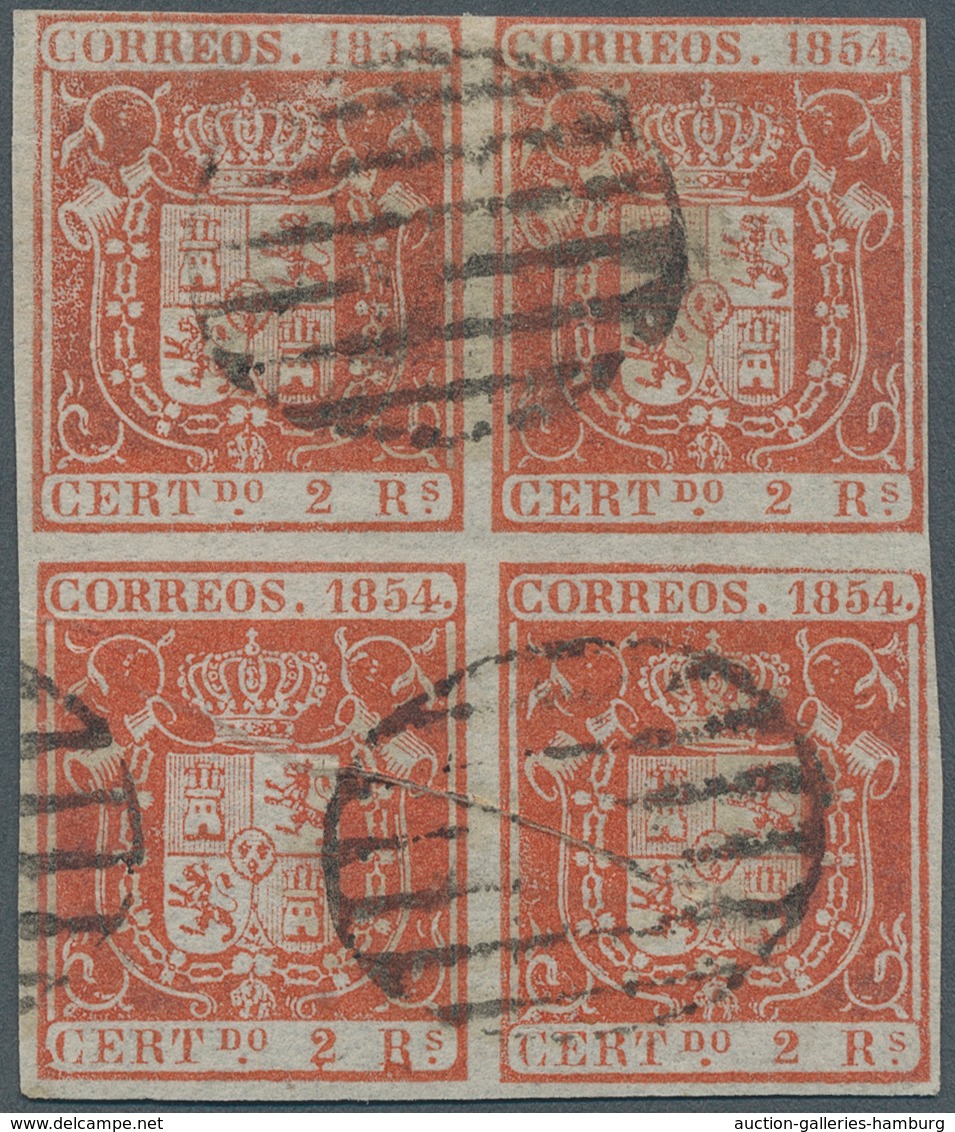 Spanien: 1854, 2 Rs. Red, Block Of Four, Horizontal Fold. Cancelled With Grid-postmark. ÷ 1854, 6 Cu - Covers & Documents