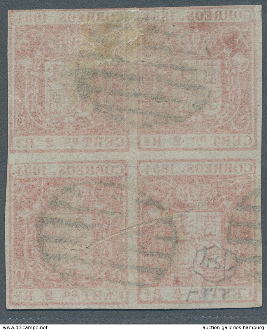 Spanien: 1854, 2 Rs. Red, Block Of Four, Horizontal Fold. Cancelled With Grid-postmark. ÷ 1854, 6 Cu - Briefe U. Dokumente