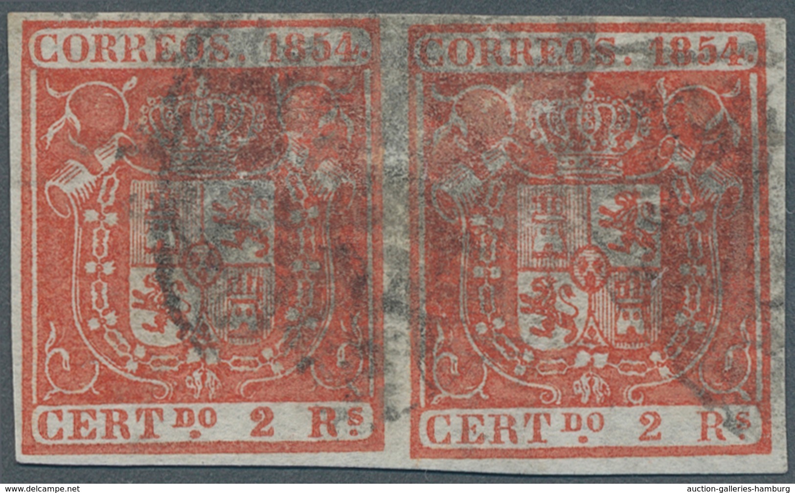Spanien: 1854, 2 R Vermilion Paper, Horizontal Pair With Complete Margins, Scarce ÷ 1854, 2 Reales B - Lettres & Documents