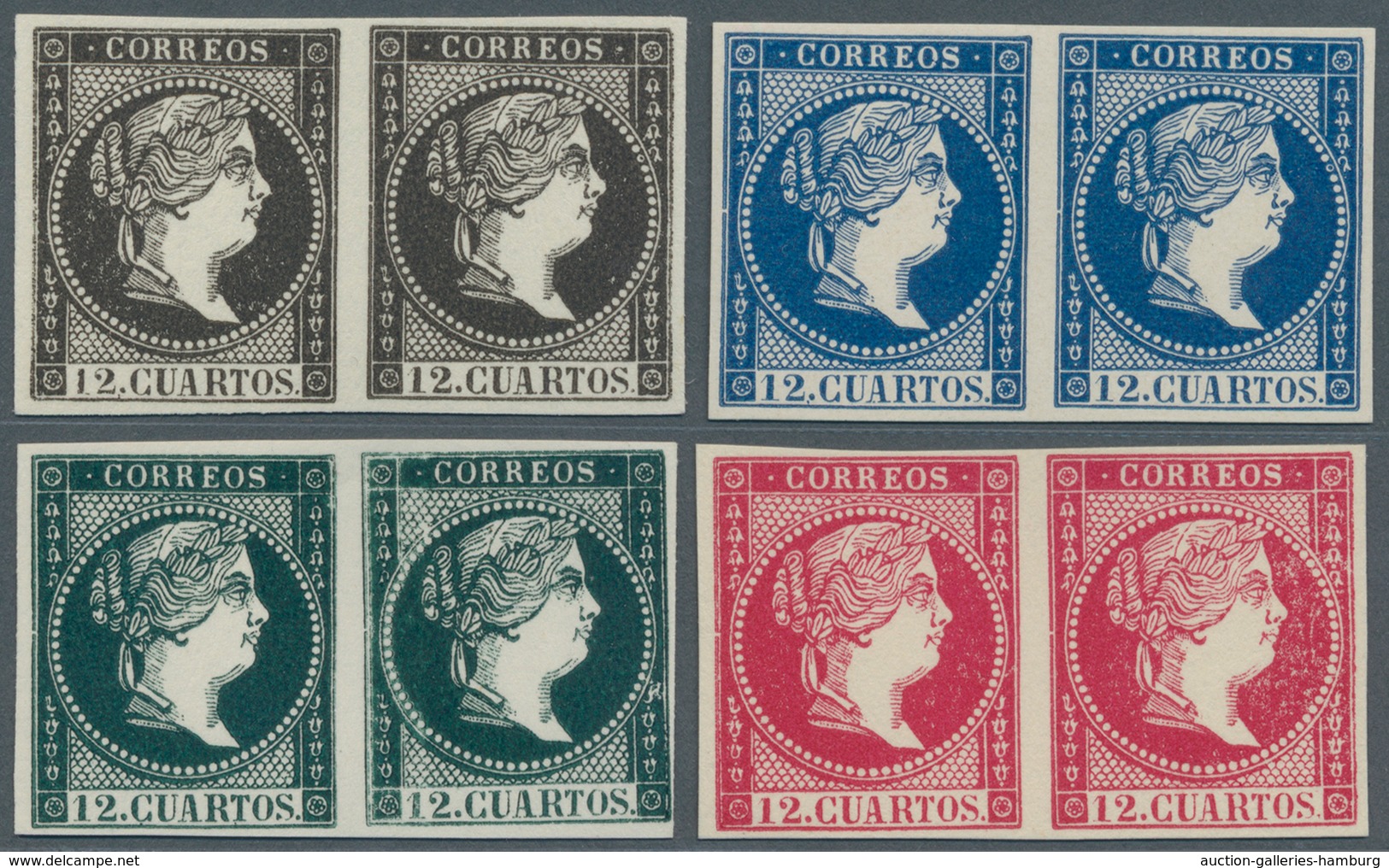 Spanien: 1855 (ca.) 12 Cs. Queen Isabella II., Four ESSAYS In Horizontal Pairs Black, Blue, Dark-gre - Storia Postale