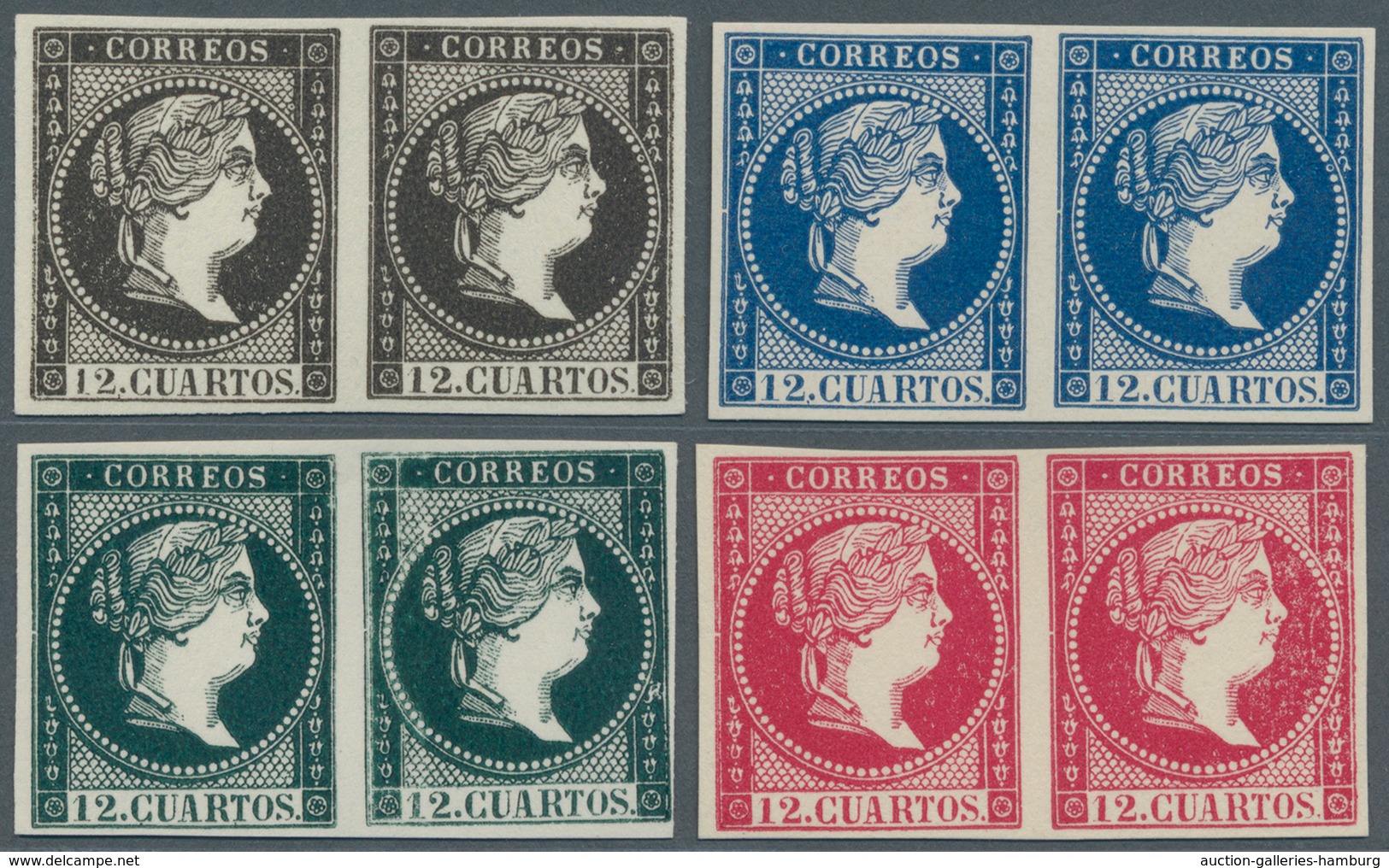 Spanien: 1855 (ca.) 12 Cs. Queen Isabella II., Four ESSAYS In Horizontal Pairs Black, Blue, Dark-gre - Brieven En Documenten