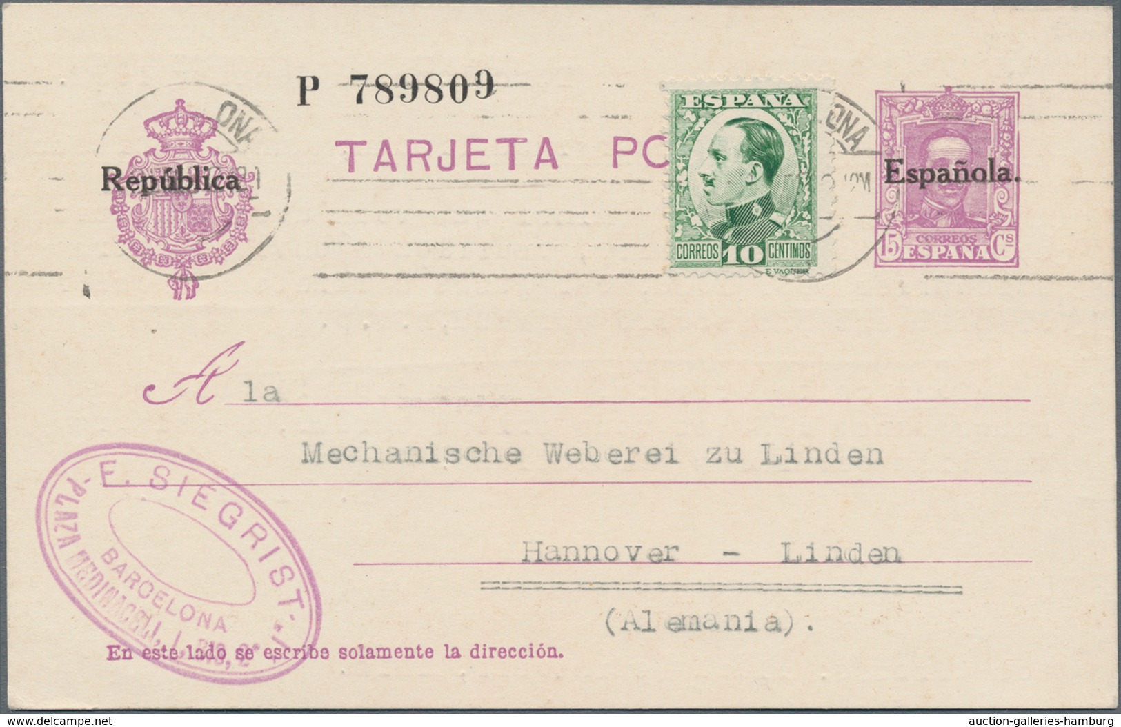 Spanien: 1920-32, 15 Cs. Violet Uprated Used Postal Stationery Card 1932 To Germany And Avec Reponse - Cartas & Documentos