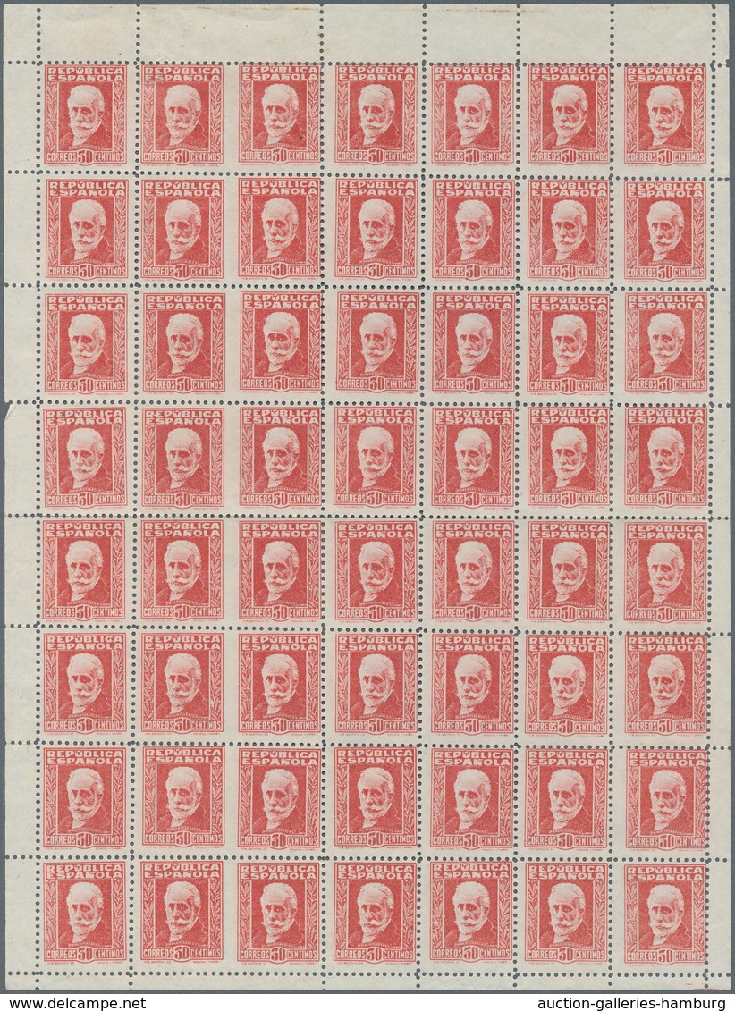 Spanien: 1931, 30 Cts. Red Whole Sheet Of Fifty-six Postage Stamps POST FORGERY Type II ÷ 1931, 30 C - Covers & Documents