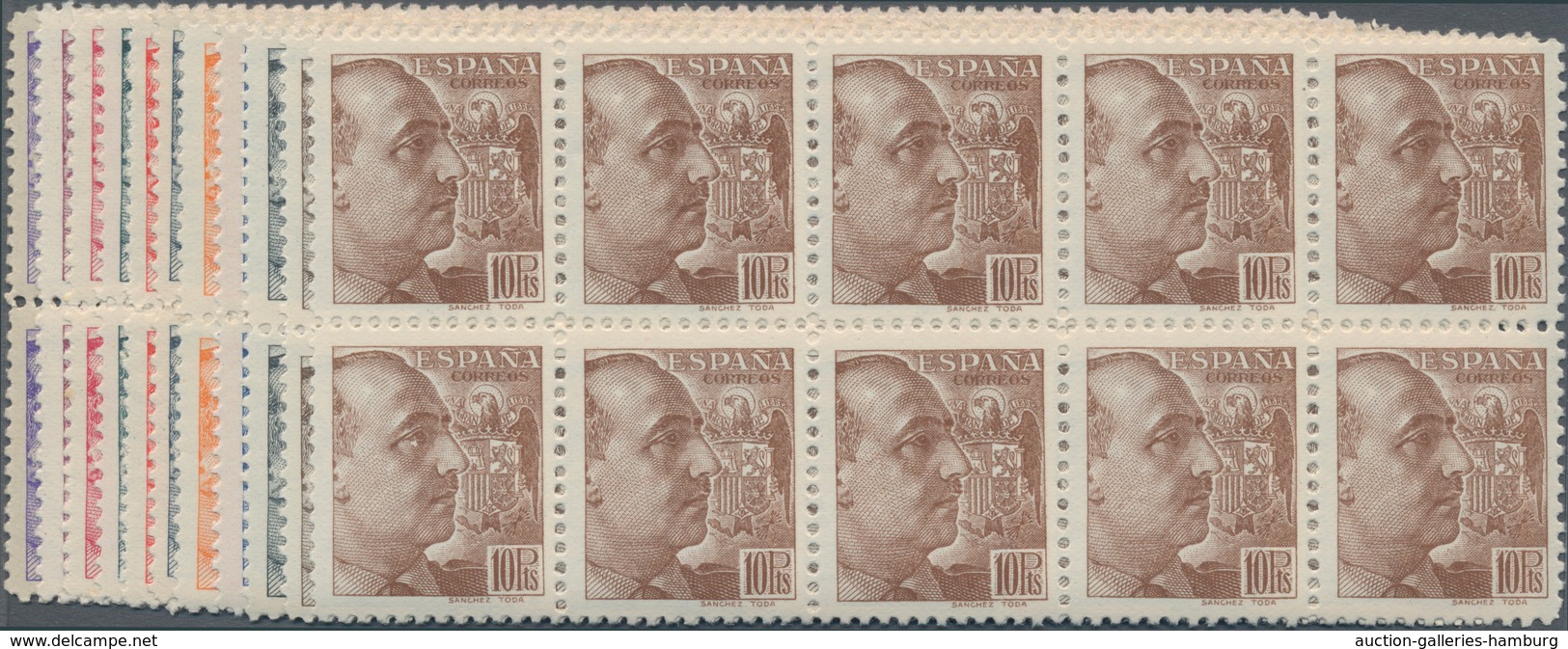 Spanien: 1939/1940, General Franco Definitives (‚Sanchez Toda‘) Complete Set Of 12 In Blocks Of Ten, - Brieven En Documenten