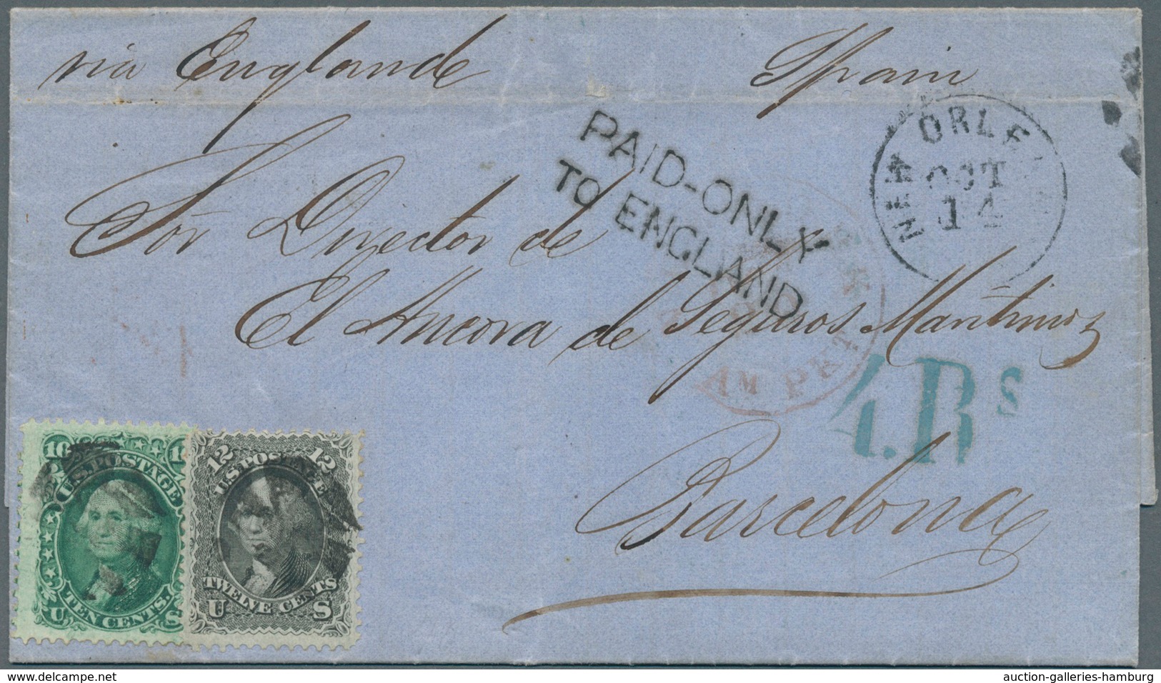 Spanien - Besonderheiten: 1866, Letter From USA With 10 C. Green And 12 C. Black (Scott 68,69) From - Autres & Non Classés