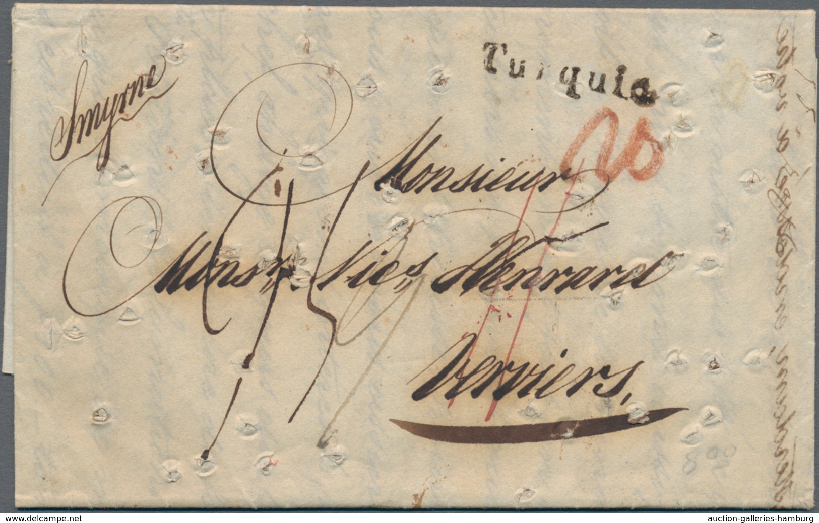 Türkei - Vorphilatelie: 1830, Folded Letter From Smyrna With L1 "Turquia" To Verviers With Red Handw - ...-1858 Prephilately
