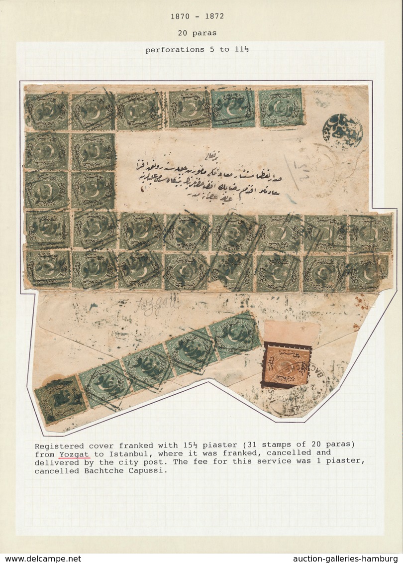 Türkei: 1871, 20 Para Green In Blocks And Stripes On Cover Forming The Very Scarce 15 1/2 Piaster Ra - Neufs