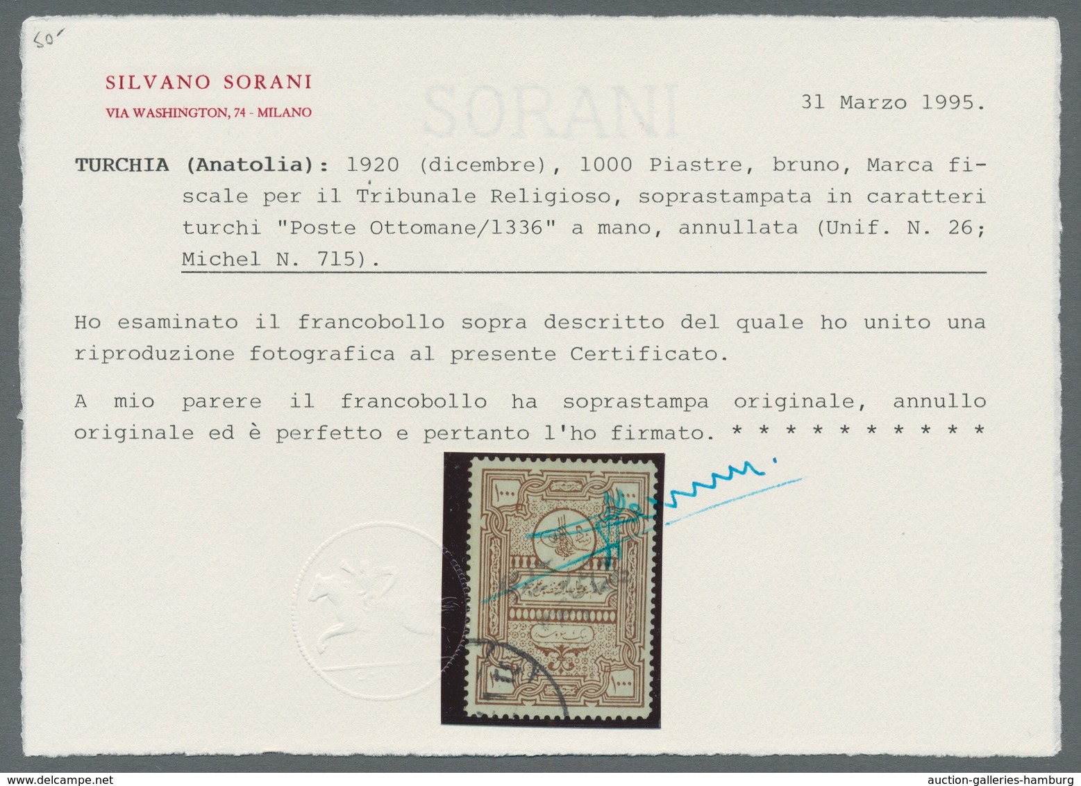 Türkei: 1920, "1000 Pia. Scheriat", Used In Very Fine Condition, Certificate Sorani "originale Ed E - Ongebruikt