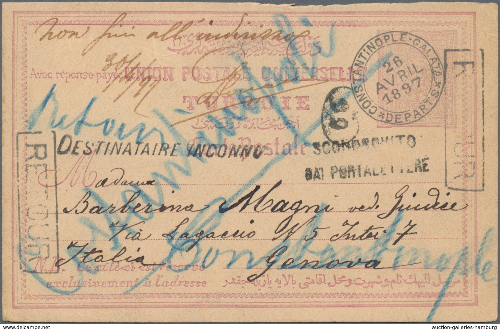 Türkei - Stempel: 1897, Turkey 20 Para Postal Stationery Card Asking Part Tied By "CONSTANTINOPLE GA - Sonstige & Ohne Zuordnung