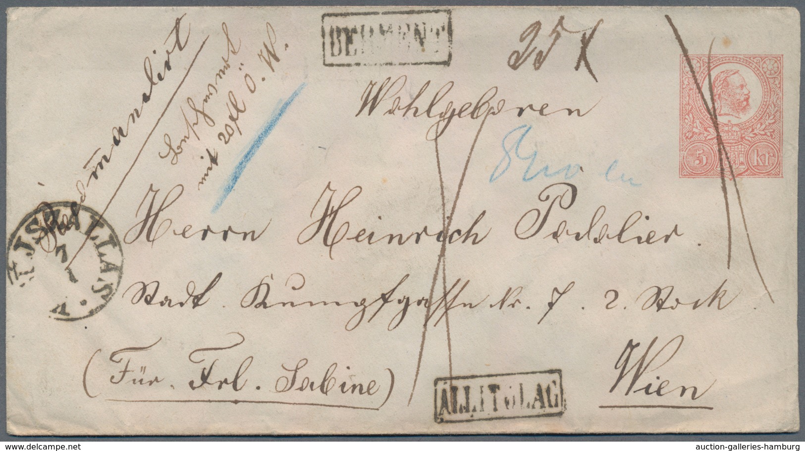 Ungarn - Ganzsachen: 1871, 5 Kr. Ganzsachenumschlag Ab "ISZALAS" Nach Wien, "Rekommandiert" Mit Hand - Postal Stationery