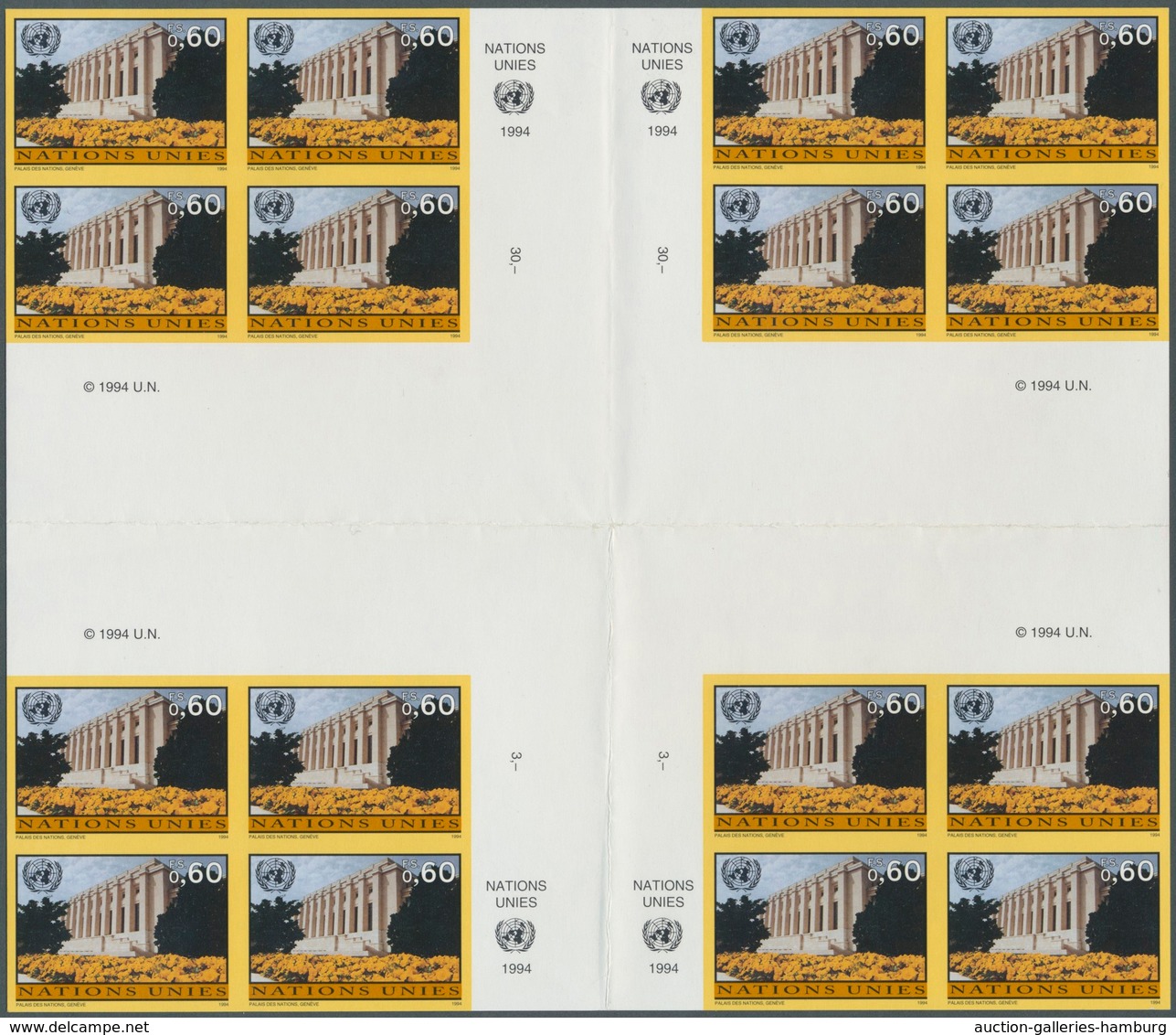 Vereinte Nationen - Genf: 1994. Imperforate Cross Gutter Block Of 4 Blocks Of 4 For The 60c Value Of - Ungebraucht