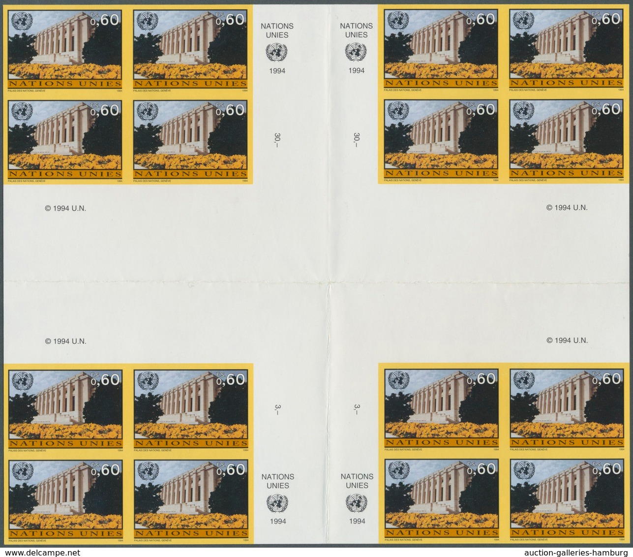 Vereinte Nationen - Genf: 1994. Imperforate Cross Gutter Block Of 4 Blocks Of 4 For The 60c Value Of - Neufs