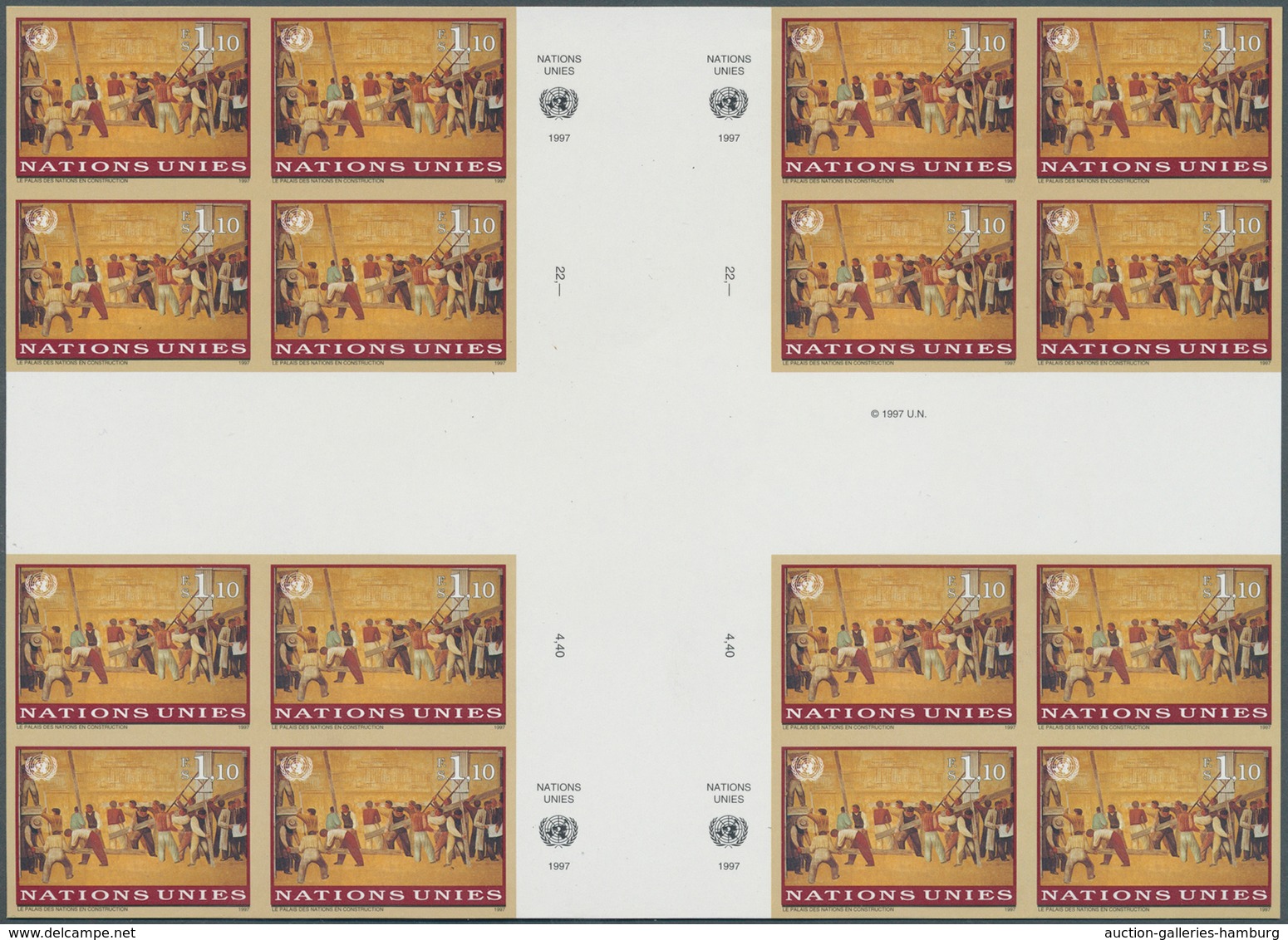 Vereinte Nationen - Genf: 1997. Imperforate Cross Gutter Block Of 4 Blocks Of 4 For The 1.10fr Value - Ungebraucht