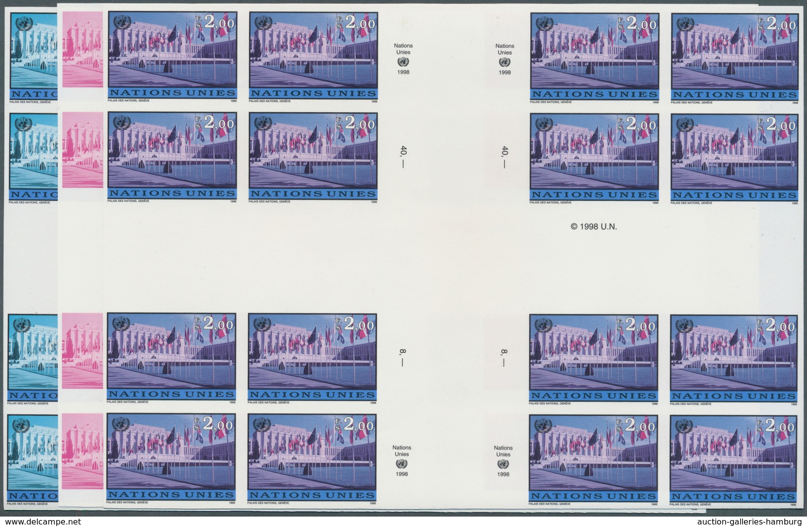 Vereinte Nationen - Genf: 1998. Imperforate Progressive Proof (10 Phases) In Cross Gutter Blocks Of - Nuevos